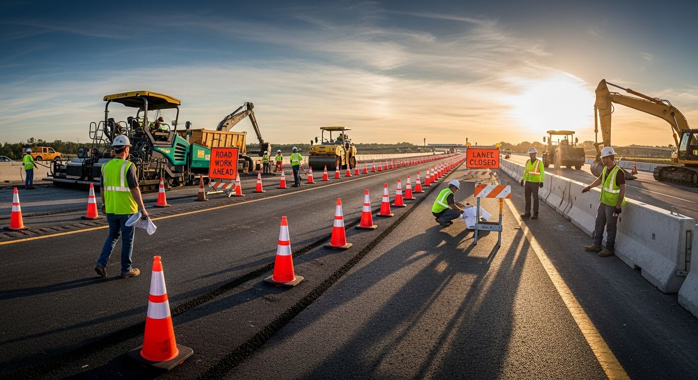 Highway work zone with traffic signs and construction equipment